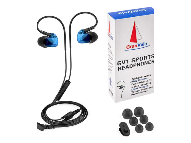 GV1 HD Sports in-Ear Headphones, IPX5 Waterproof Running Earbuds Wired with Mic, Phone-Call Answering,Memory Wire Earhook and Clip - Blue