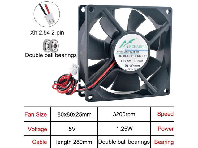 ACP8025 80x80x25mm DC5V 2Pin Dual Ball Bearing Axial Cooling Fan, 80mm Brushless Replacement Fan for PC Chassis, Power Converter and Computer...