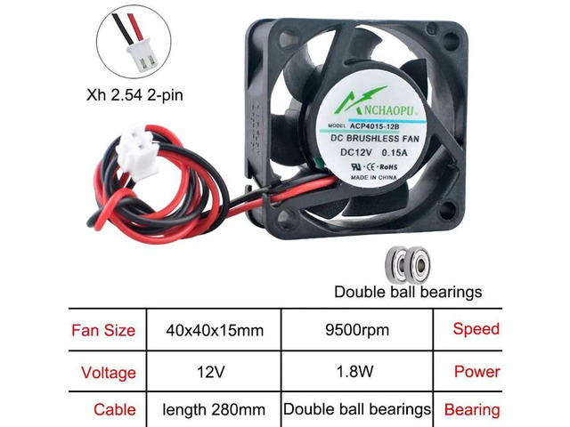 ACP4015 40x40x15mm DC12V 2Pin Dual Ball Bearing Axial Cooling Fan, 40mm Replacement Fan for Printer, Power Supply and Small Electronic Equipment...
