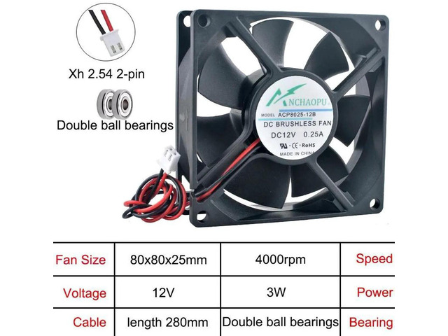 ACP8025 80x80x25mm DC12V 2Pin Dual Ball Bearing Axial Cooling Fan, 80mm Brushless Replacement Fan for PC Chassis, Power Converter and Computer...