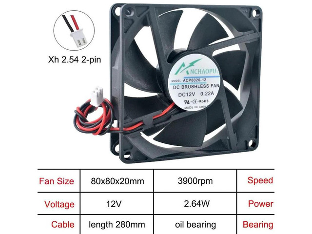 ACP8020 80x80x20mm DC12V 2Pin OilBearing HighSpeed Axial Cooling Fan, 80mm Replacement Fan for Inverter Power Supply and Industrial Electronic...