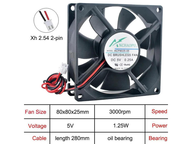 ACP8025 80x80x25mm DC5V 2Pin OilBearing Axial Cooling Fan, 80mm Replacement Fan for PC Chassis, Power Converters and Computer Hardware Heat...