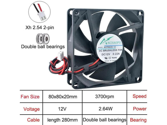 ACP8020 80x80x20mm HighSpeed Dual Ball Bearing Cooling Fan, DC12V 2Pin Axial Replacement Fan for Inverter Power Supply, Industrial Equipment,...
