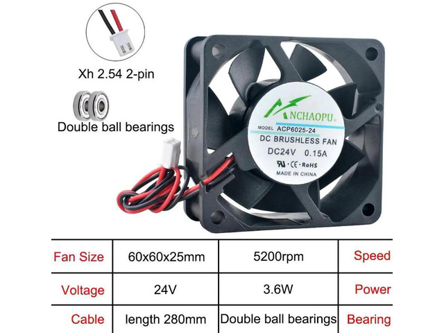 ACP6025 60x60x25mm Dual Ball Bearing Axial Cooling Fan, DC24V 2Pin Replacement Fan for Chargers, Power Supply Units, Inverters, Industrial...