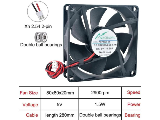ACP8020 80x80x20mm HighSpeed Dual Ball Bearing Cooling Fan, DC5V 2Pin Axial Replacement Fan for Inverter Power Supply, Industrial Equipment,...