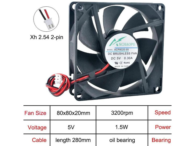ACP8020 80x80x20mm HighSpeed Oil Bearing Cooling Fan, DC5V 2Pin Axial Replacement Fan for Inverter Power Supply, Industrial Equipment, Chassis...