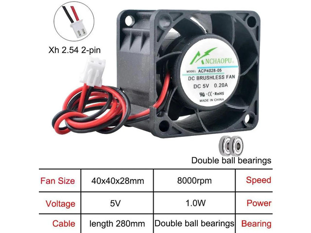 ACP4028 40x40x28mm 40mm 4cm Dual Ball Bearing Axial Cooling Fan, DC5V 2Pin Brushless Replacement Fan for 1U 2U Power Supplies and Industrial...