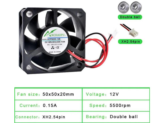 ACP5020 50x50x20mm 50mm 5cm Dual Ball Bearing Axial Cooling Fan, DC12V 2Pin Brushless Replacement Fan for Power Supplies, Chargers, Printers and...