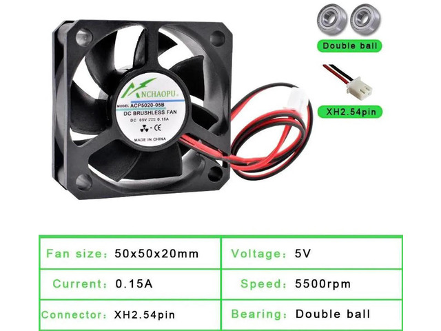 ACP5020 50x50x20mm 50mm 5cm Dual Ball Bearing Axial Cooling Fan, DC5V 2Pin Brushless Replacement Fan for Power Supplies, Chargers, Printers and...