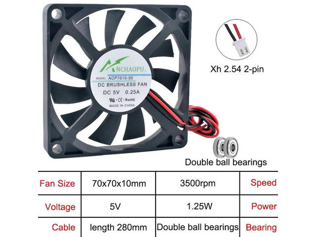 ACP7010 70mm UltraThin Dual Ball Bearing Axial Cooling Fan, DC5V 2Pin Brushless Replacement Fan for Power Inverter Internal Heat Dissipation