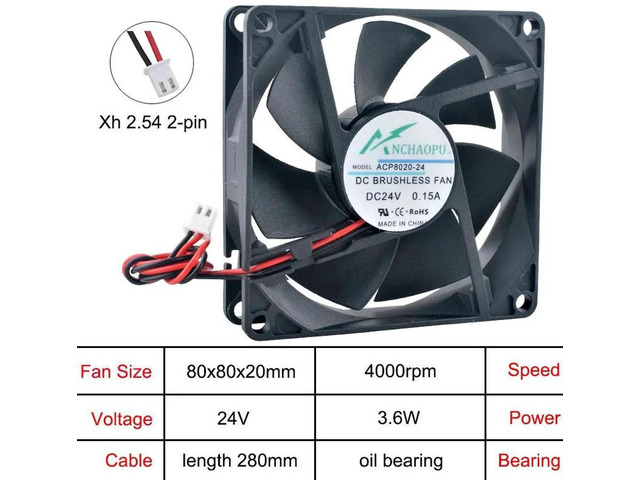 ACP8020 80x80x20mm 80mm HighSpeed OilBearing Axial Cooling Fan, DC24V 2Pin Brushless Replacement Fan for Inverter Power Supply Heat Dissipation