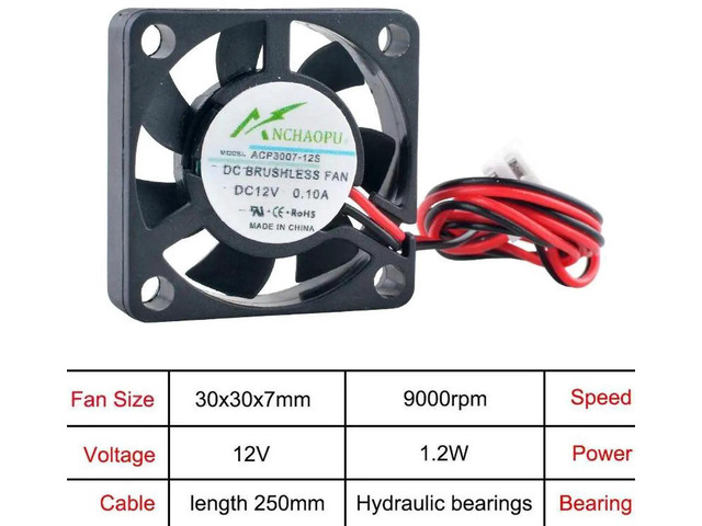 ACP3007 30x30x7mm 30mm 3cm Miniature UltraThin Axial Cooling Fan, DC12V 2Pin Brushless Replacement Fan for Printers and Routers Heat Dissipation