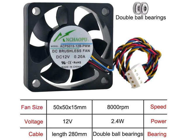 ACP501512SPWM ACP501512BPWM 50x50x15mm 50mm 5cm Dual Ball Bearing PWM Miniature CPU Cooling Fan, DC12V 0.10A/0.20A 5800/8000RPM 4Pin Brushless...