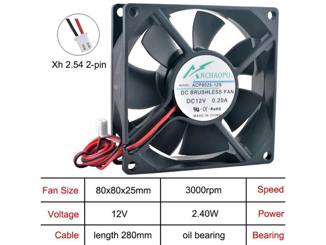 ACP8025 80x80x25mm 80mm DC12V 2Pin OilBearing Axial Cooling Fan, 8CM Replacement Fan for PC Chassis, Power Converters and Desktop Computer Hardware...