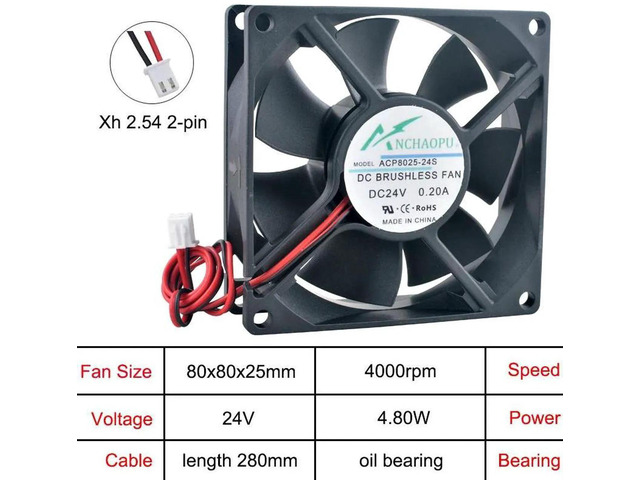 ACP8025 80x80x25mm 80mm DC24V 2Pin OilBearing Axial Cooling Fan, 8CM Replacement Fan for PC Chassis, Power Converters and Industrial Computer...