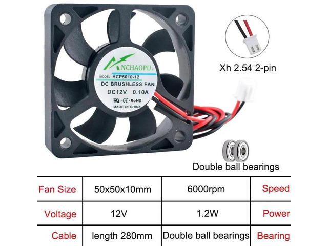 ACP5010 50x50x10mm Axial Cooling Fan, MultiVoltage DC12V Dual Ball Bearing 2Pin Small Replacement Fan for Industrial Devices, Cabinet Hardware and...