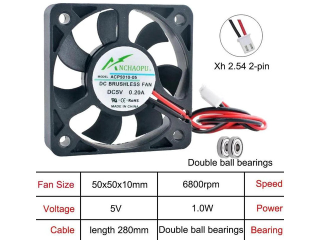 ACP5010 50x50x10mm Axial Cooling Fan, MultiVoltage DC5V Dual Ball Bearing 2Pin Small Replacement Fan for Industrial Devices, Cabinet Hardware and...