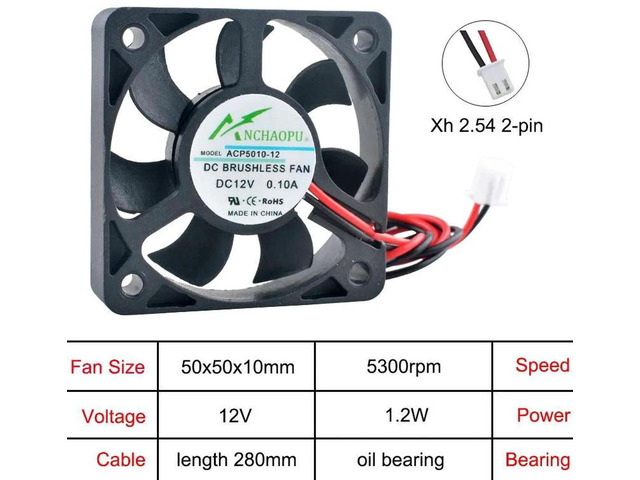 ACP5010 50x50x10mm Axial Cooling Fan, MultiVoltage DC12V OilImpregnated Bearing 2Pin Replacement Fan for Industrial Devices, Cabinet Hardware and...