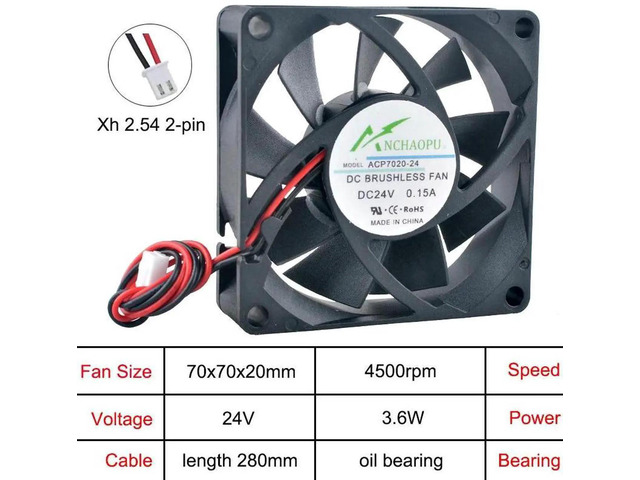 ACP7020 HighSpeed 70x70x20mm Axial Cooling Fan, DC24V OilBearing 2Pin Replacement Fan for Chargers, Power Supplies, Inverters and Industrial...