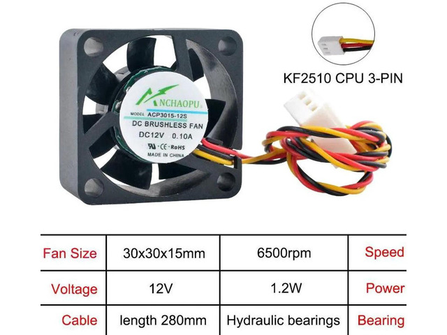 ACP3015 30x30x15mm 30mm Mini Axial Cooling Fan, DC12V KF2510 3Pin Connector Micro Replacement Fan for CPU, Power Supply, Compact 30mm Chassis,...