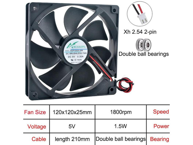120mm Axial Cooling Fan DC 5V 2Pin DualBall Bearing 120x120x25mm Replacement Fan ACP12025, HighDurability Fan for Chassis, Power Supply and...