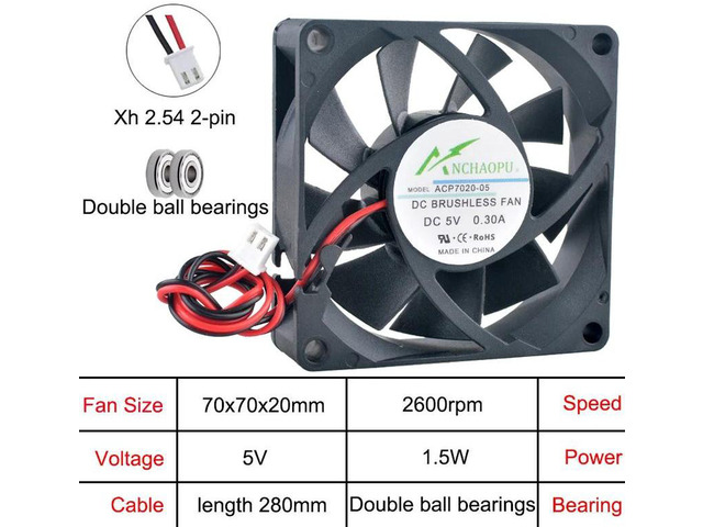 70x70x20mm HighSpeed DualBall Axial Cooling Fan DC 5V 2Pin Replacement Fan ACP7020 for Chargers, Power Supplies, Inverters Compact Electronic...