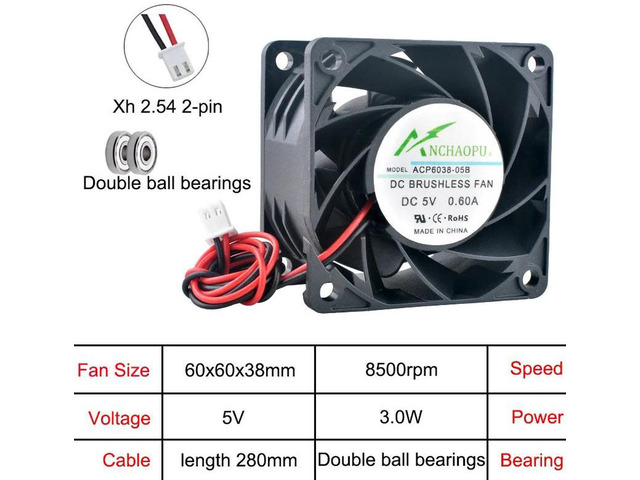 ACP6038 HighSpeed Axial Cooling Fan, 60x60x38mm 6cm DC 5V 2Pin Replacement Vent Fan, Compact HighAirflow Cooler for Server Power Supply and...