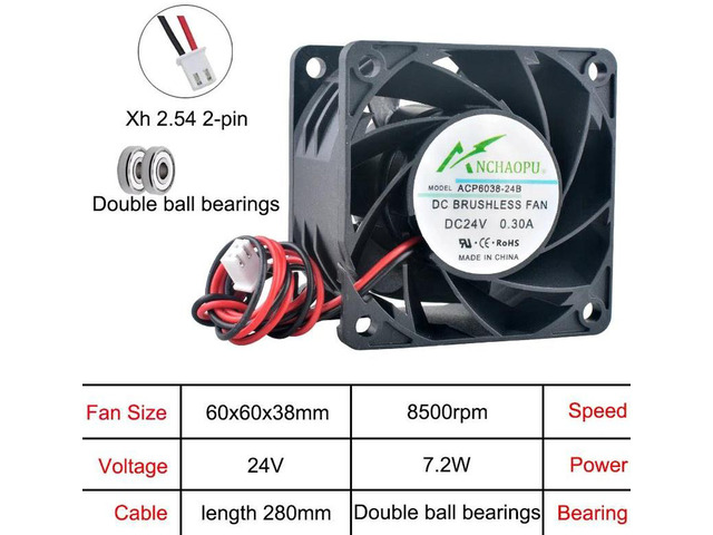 ACP6038 HighSpeed Axial Cooling Fan, 60x60x38mm 6cm DC 5V / 24V 2Pin Replacement Vent Fan, HighAirflow Compact Cooler for Server Power Supply and...