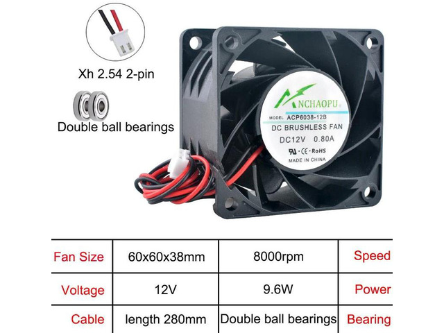 ACP6038 HighSpeed Axial Cooling Fan, 60x60x38mm 6cm DC 12V 2Pin Replacement Vent Fan, HighAirflow Compact Cooler for Server Power Supply and...