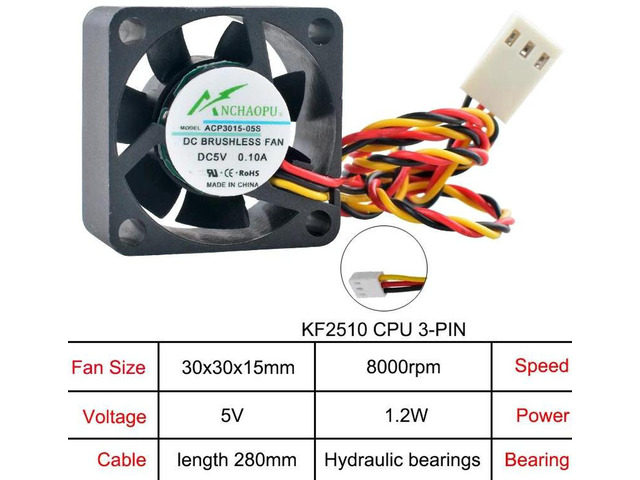ACP3015 Miniature Axial Cooling Fan, 30x30x15mm 3cm DC 5V 3Pin KF2510 Connector Replacement Fan, Compact Ventilation Fan for CPU and Power Supply...