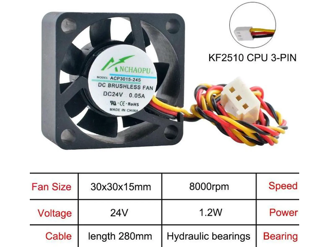 ACP3015 Miniature Axial Cooling Fan, 30x30x15mm 3cm DC 24V 3Pin KF2510 Connector Replacement Fan, Compact Ventilation Fan for CPU and Power Supply...