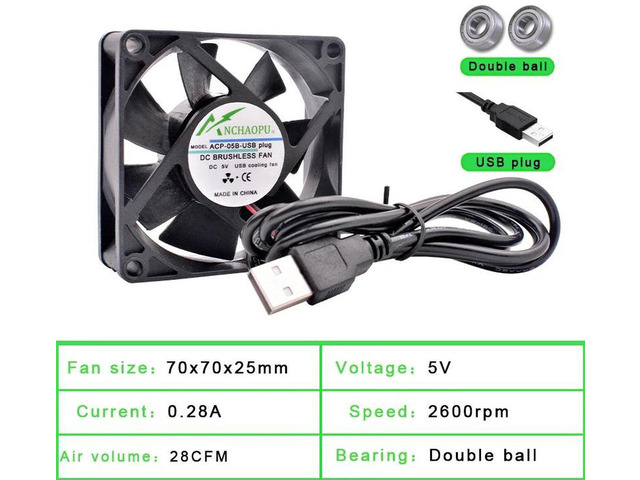 2Pcs 7025 70x70x25mm DC 5V USB Interface Silent Axial Cooling Fans Brushless Replacement Fan for DIY Cooling, Router, Game Console, TV Box, Power...