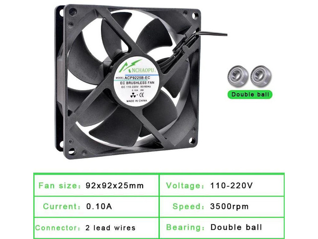 92x92x25mm EC Brushless Cooling Fan, Universal AC 110V 120V 220V 240V Dual Ball Bearing 2 Rows Axial Fan, High Efficiency Quiet Cooling Replacement...