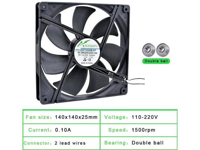 EC Brushless Axial Cooling Fan, Dual Ball Bearing 140x140x25mm, Wide Voltage AC110V/120V/220V/240V, 2-Row Structure, for Server Rack Cabinet Heat...