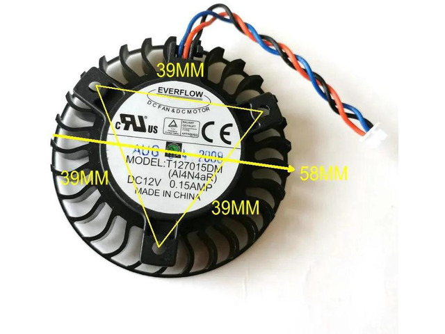 T127015DM GPU Cooling Fan, DC12V 0.15A 3-Pin 58mm 39×39×39mm Replacement VGA Cooler Fan, Small Internal Graphics Card Fan Compatible with 9600GT...