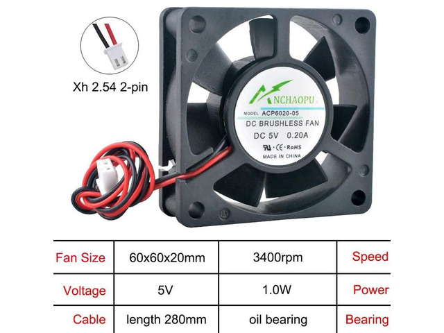 3 Pack 60x60x20mm 6020 Axial Cooling Fans ACP6020, DC5V 2-Pin Oil-Impregnated Bearing Replacement Fan for Frequency Inverters, Power Supplies,...