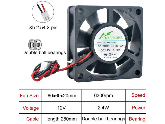 ACP6020 6020 60x60x20mm DC12V 2-Pin Dual Ball Bearing Axial Cooling Fan, 3 Pack 60mm Fan Replacement for Inverter, Power Supply, Industrial...