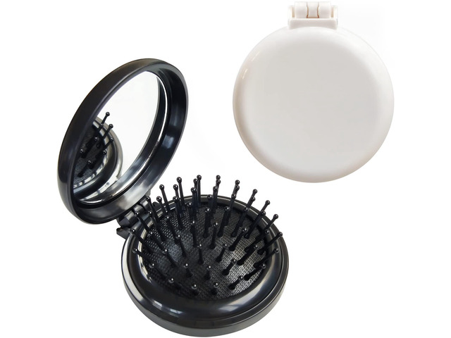 Hair Brush with Mirror for Purse/Pocket,Round Mini Compact Massage Comb for Girls and Women (Black+W