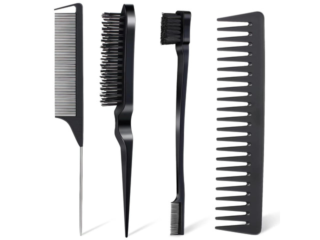4Pcs Hair Brush Styling Combs Set, Anmieciu Bristle Hair Edge Brush, Teasing Brush Comb, Rat Tail Co