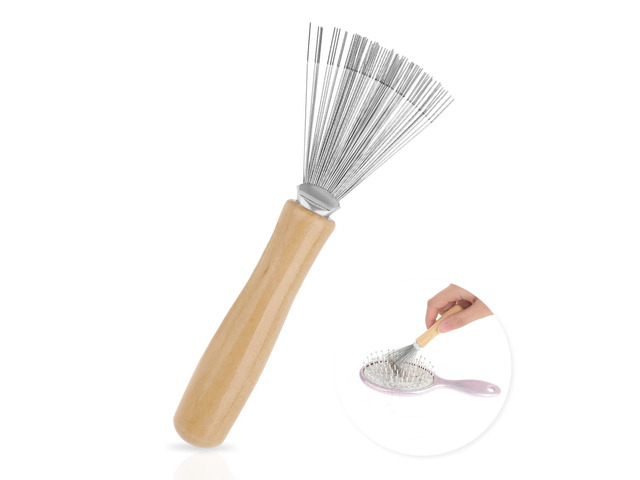Brush Cleaner, Portable and Mini Hairbrush Cleaner Tool Metal Wire Rake and Ergonomic Wooden Handle