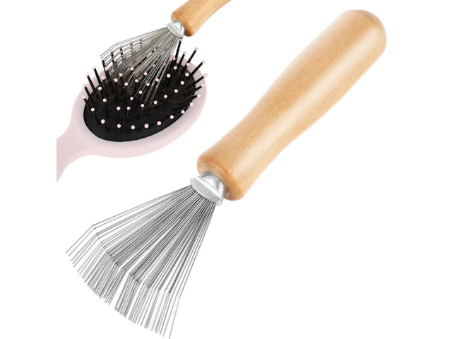 Hair Brush Cleaner Tool, Comb Cleaning Brush Rake Design Brush Cleaner Wooden Handle Hair Remover Mi