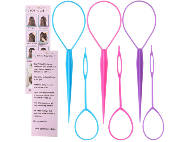Topsy Tail Hair Tool Set - 6pcs Loop Styling Tool, Ponytail Pull Through, Two Sizes, 3 Colors (Pink/Purple/Blue) for Women, Girls & Kids