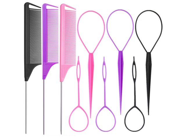 Luumxai 9pcs Topsy Hair Tail Tool and rat tail comb set,6pcs French Braiding Tool ring,3Pcs Metal Parting Combs,Woman Girl Hair Styling...