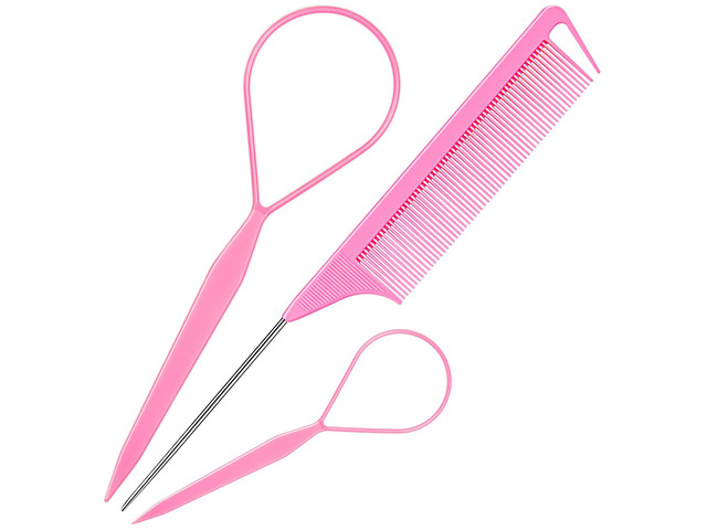 TsMADDTs Hair Styling Tool Set - 3 Pcs French Braid Tool, Rat Tail Comb, and Metal Braiding Pin in Pink Durable Plastic and Metal, For DIY...
