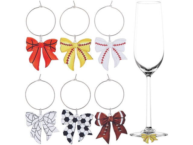 1 Box 6 Styles Bow Drink Charm Sports Wine Glass Charms Acrylic Soccer Tennis Softball Rugby Basketball Baseball Pattern Bowknot Cocktail Marker...