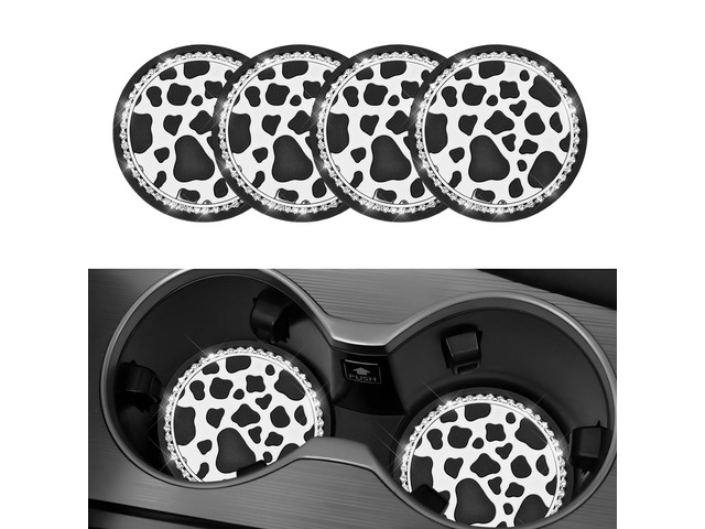 4 PCS Car Cup Coaster, Anti-Slip Bling Cow Print Auto Cup Holder Insert Coaster, Waterproof Front Console Drink Mats Interior Decoration for Most...