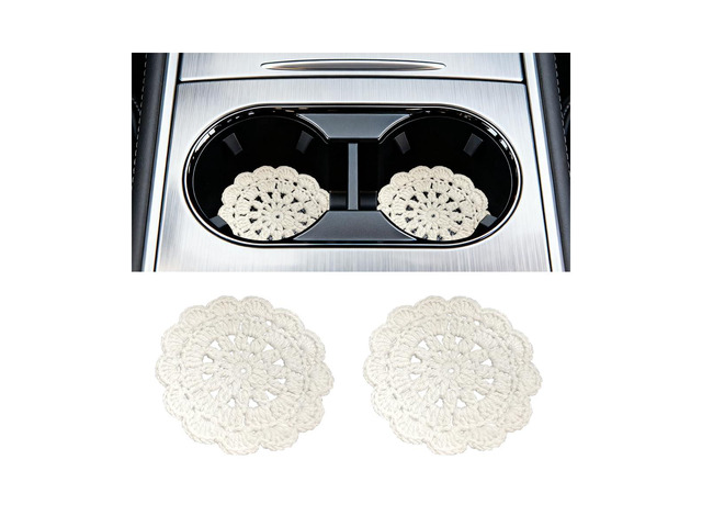 2PCS Handmade Crochet Car Cup Holder Coasters, Beige Flowers handwoven wool, breathable absorbent surface, snug cup-holder placement, anti-slip...