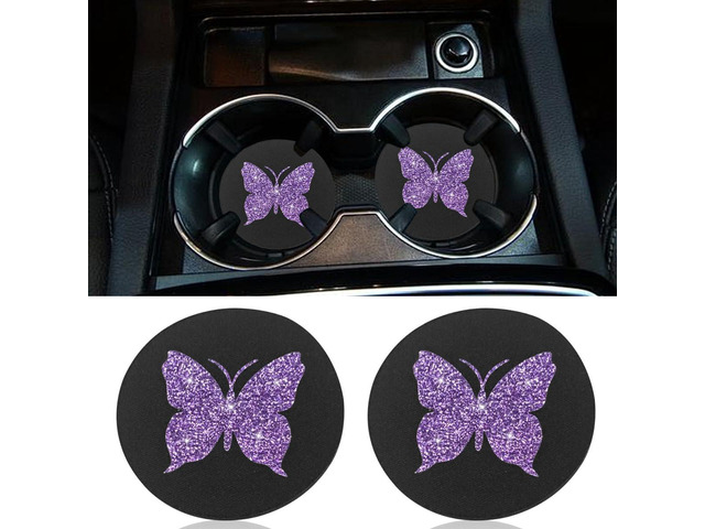 2PCS Bling Butterfly Car Cup Holder Coaster (Purple) 2.75'' Universal Auto Non-Slip Embedded in Ornaments Cup Coaster, Rhinestone Auto Interior...