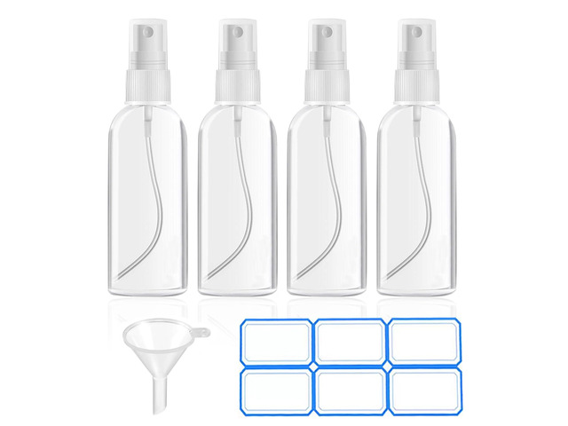 4 Pack 2 Oz (50ml) Mini Spray Bottles Clear, Plastic Travel Size Refillable Spray Bottles Leak Proof with Funnels and Labels