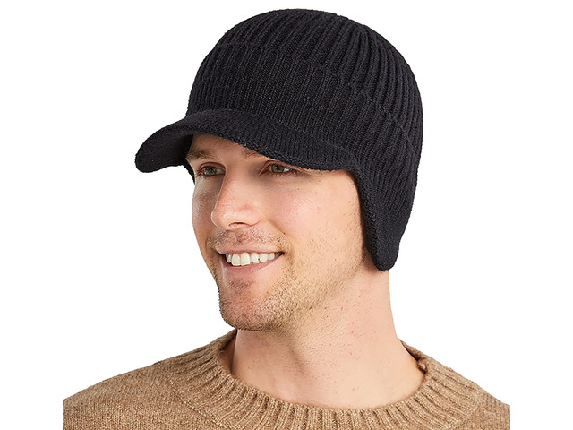 UTOWO Men Winter Hat Knit Cable Visor Beanie Warm Knit Earflaps Hats for Outdoor Sport Black